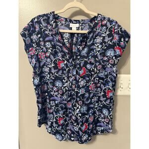 Liz Claiborne Woman's Shirt, size L, Navy, Floral, Button Up, Short Sleeves